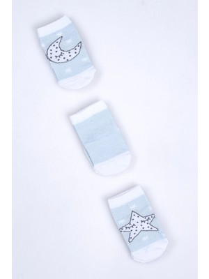 Cocole Socks Erkek Bebek Soket Çorabı 3’lü Set – Pamuklu Açık Mavi Ay & Yıldız Desenli