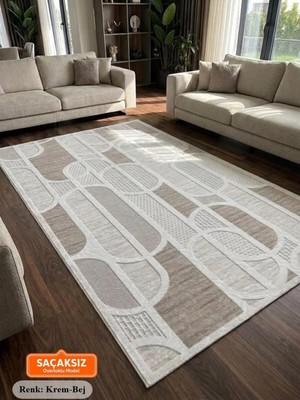 NarStore Home Kaymaz Taban Krem Bej Modern Geometrik Desenli Kalın Yıkanabilir Yolluk Halı