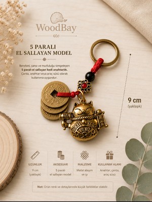 WoodBay Feng Shui Şans Kedisi Anahtarlık 5 Çin Paralı Maneki Neko Bereket Sembolü 9 cm Model 2