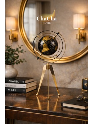 Ynsk Luxury Gold Metal Tripod Ayaklı Dekoratif Dünya Küresi - Siyah Altın Lüks Ofis Çalışma Masası Aksesuarı Biblo (38 x 23 cm)