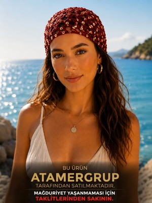 Atamer Grup Pullu El Örgüsü Bandana Kırmızı Payetli Yazlık Kadın Saç Bandanası Deniz & Plaj Aksesuarı