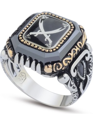Innuendo Jewelry 925 Ayar Gümüş Siyah Zeminli Zülfikar Kılıcı Işlemeli Erkek Yüzük