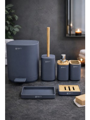UltraMint Bambu Detaylı 6’lı Banyo Seti, Organizer ve Pedallı Çöp Kovası