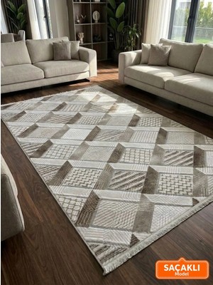 NarStore Home Dinar Motif Bej Kahverengi Kaymaz Taban Kesme Yolluk Halı Modern Desen