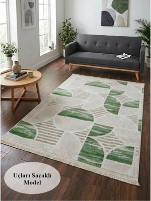 NarStore Home Dinar Geometrik Desen Saçaklı Yeşil Kaymaz Taban Yıkanabilir Kesme Yolluk Halı
