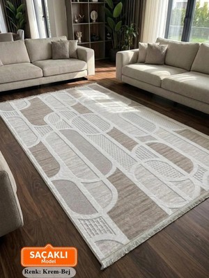 NarStore Home Kaymaz Taban Saçaklı Krem Bej Modern Geometrik Kalın Yıkanabilir Yolluk Halı