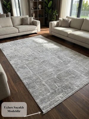 NarStore Home Aksu Saçaklı Stan Gri Kaymaz Tabanlı Kesme Kabartmalı Salon Koridor Mutfak Yıkanabilir Halı