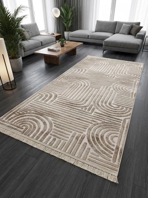 NarStore Home Dinar Osso Krem Vizon Saçaklı Kabartmalı Yıkanabilir Kesme Yolluk Halı