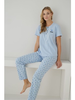 Formo Kadın %100 Organik Pamuk Mavi Çiçek Desenli Kısa Kollu Doğal Pijama Takımı