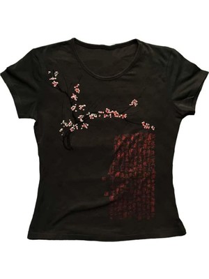 Moonstyle Collection Siyah Japanese Sakura Tree Gotik Y2K Kısa Kollu Crop T-Shirt
