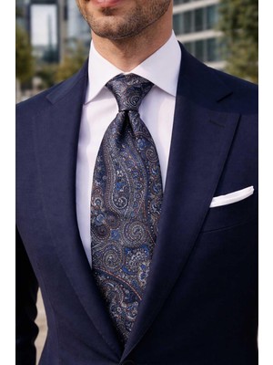 Kravatkolik Calavera Style Şal Desen Italyan Lacivert Ipek Kravat İK2357