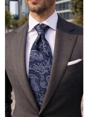 Kravatkolik Galliano Style Şal Desen Italyan Lacivert Ipek Kravat İK2355
