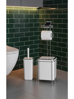 UltraMint Şık Beyaz Krom Çöp Kovası ve Wc Fırçalık Seti, Hgy Home Kare Tasarım