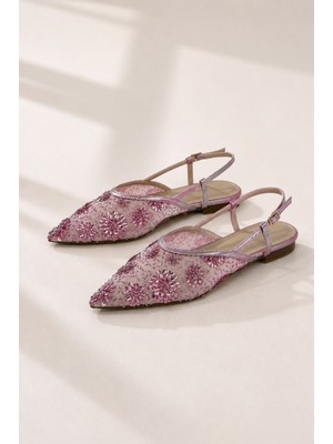 Eftelya Kadın Çiçek Işlemeli Tül Sivri Burun Slingback Babet Ayakkabı
