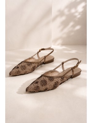 Eftelya Kadın Çiçek Işlemeli Tül Sivri Burun Slingback Babet Ayakkabı