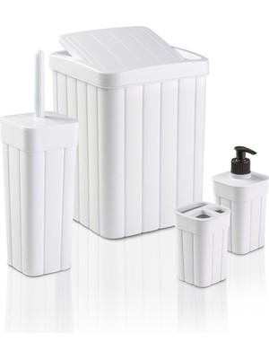 UltraMint 4'lü Banyo Seti, 10L Kapaklı Çöp Kovası, Wc Fırçalık, Diş Fırçalık ve Sabunluk