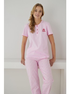 Formo Adın %100 Organik Pamuk Pembe Kalpli Kısa Kollu Doğal Pijama Takımı