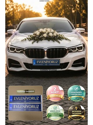 Karımın Tasarımı Evleniyoruz Yazılı Lacivert Renkli Tr  Gelin Arabası Plakalığı Düğün Araç Süsü (2 Adet) Kendinden Yapışkanlı