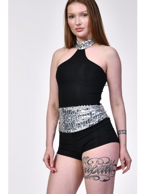 Sevenay Fermuarlı Payet Detaylı Mini Boy Tulum  - Siyah Siyah - M
