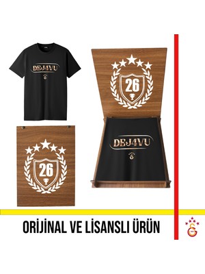Galatasaray Lisanslı 2026 Şampiyonluk Dejavu Siyah Tişört 26 Şampiyonluk Ahşap Kutulu
