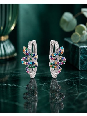 Lia Charm Kadın Gümüş Renk Renkli Zirkon Taşlı Yılan Küpe - Sallantılı Küpe
