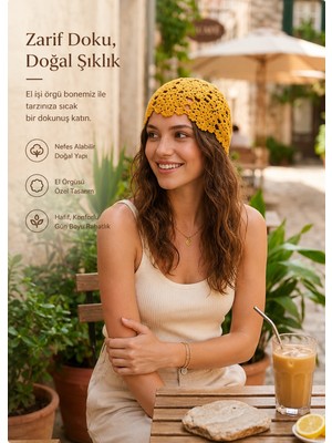 Joinkidz Bohem Afrika Çiçeği Motifli Payetli El Örme Dantel Gri Renk Yazlık Bere (Pulsuz Model)