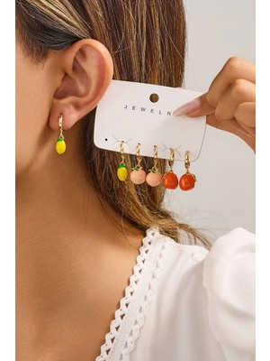Fayra Accessories Limon Şeftali ve Portakal Figürlü 3\'lü 18 Ayar Altın Kaplama Küpe