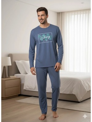 Erkek Mavi Uzun Kol Pijama Takım