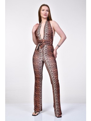 Big Fashion Yüksek Bel Toparlayıcı Ispanyol Tulum  - Leopar Leopar - S