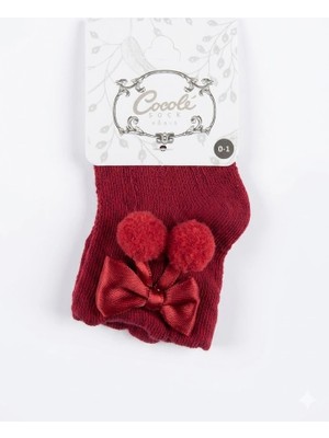 Cocole Socks Kız Çocuk Aksesuarlı Soket Çorabı Tekli Pamuklu Ponponlu Kırmızı Desenli