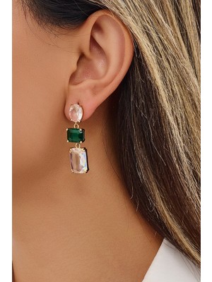Fayra Accessories Oval ve Baget Kristal Taşlı Altın Kaplama Küpe