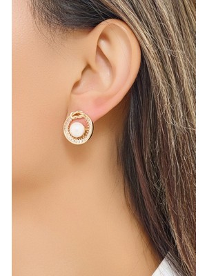 Fayra Accessories Zirkon Taşlı Yuvarlak Tasarım Altın Kaplama Mayorka Inci Küpe