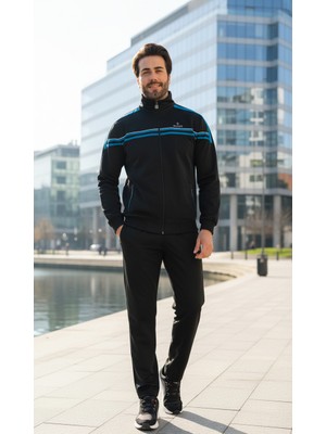 Fore Sport Erkek %100 Polyester Şeritli Rashell Siyah Eşofman Takım