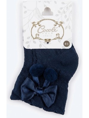Cocole Socks Kız Çocuk Aksesuarlı Soket Çorabı Tekli Pamuklu Ponponlu Lacivert Desenli