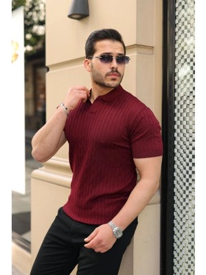 Lune Store Erkek Örgü Desen Yakalı Kısa Kollu Triko Tişört