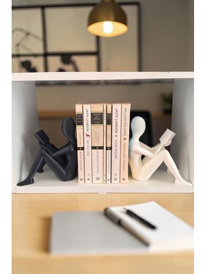 Todekora Kitap Okuyan Figürlü Kitap Tutucu Desteği Dekoratif Kitaplık Düzenleyici Büyük Boy 17 cm 2'li Set Siyah Beyaz