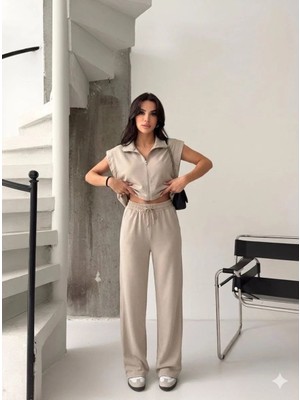 Cey Moda Kadın Modal Kumaş Paraşüt Detaylı Fermuarlı Yelekli Takım