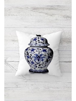 Teknollojia Pelangi Çini Vazo Desenli Çift Tarafı Baskılı Gizli Fermuarlı Yastık Kılıfı Kırlent Koltuk Yastık Kılıfı, Beyaz-Mavi-Koyu Lacivert 45 x 45
