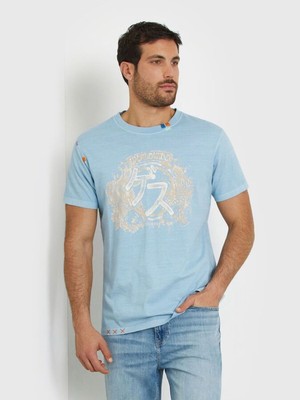 Guess Erkek Açık Mavi Baskılı Bisiklet Yaka Pamuklu Kısa Kollu T-Shirt M4GI22K8FQ4