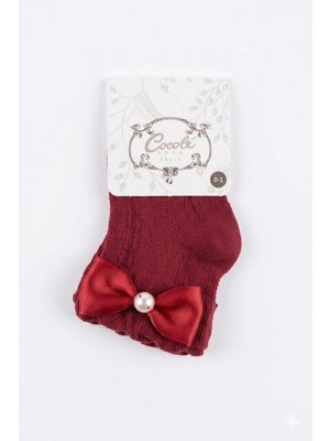 Cocole Socks Kız Çocuk Aksesuarlı Soket Çorabı Tekli Pamuklu Fiyonklu Kırmızı Desenli