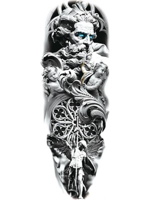 Çılgıntrend Erkek Geçici Dövme Tam Kol - Poseidon ve Melek Figürlü Büyük Boy Su Geçirmez Geçici Tattoo