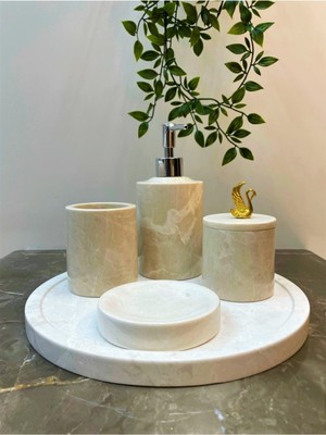 UltraMint Bej Mermer ve Gold Detaylı 5'li Yataklı Banyo Seti Takımı