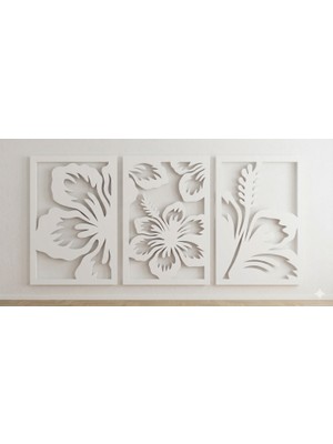 As Tasarım Lazer 3 Lü Set Çiçek Serisi Ahşap Duvar Sanatı , Tablo , Dekorasyon Ürünleri Siyah Renk 150X80 Cm.