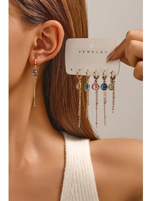 Fayra Accessories 6 Farklı Renk ve Model Kristal Taşlı Altın Kaplama Küpe (6 Adet)