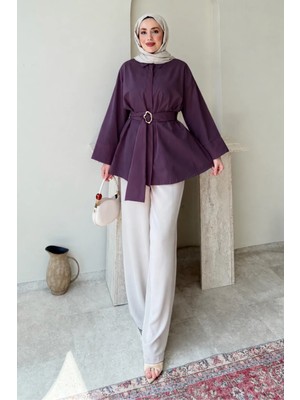 Tesettür Diyarı Dekta Cotton Kumaş Broş Kemerli Tesettür Gömlek- Mürdüm Standart (38-42 Uyumlu)