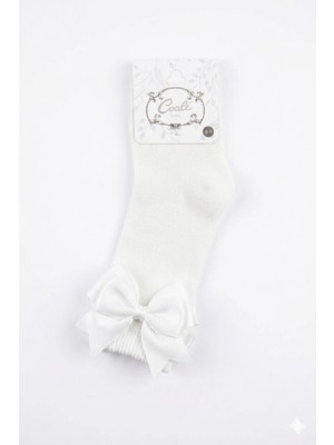 Cocole Socks Kız Çocuk Aksesuarlı Dizaltı Çorabı Tekli Pamuklu Düz Ekru Fiyonk Detaylı