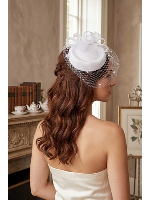 Zurafa Shop Beyaz Vualet Detaylı Nikah Şapkası -  Tül Vualet - Vintage Gelin Saç Aksesuarı