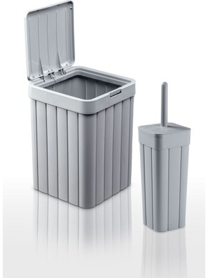 UltraMint 2'li Banyo Seti, 10L Kapaklı Çöp Kovası ve Wc Fırçalık, Gri