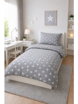 Seralay Home Tek Kişilik Lastikli Çarşaflı Nevresim Takımı Yıldız Desen Gri