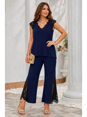 Lune Store Kadın Kısa Kollu V Dantel Yakalı Sandy Bluz Pantolon Ikili Takım